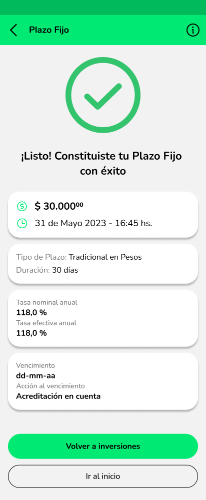 Éxito: Plazo Fijo constituido correctamente