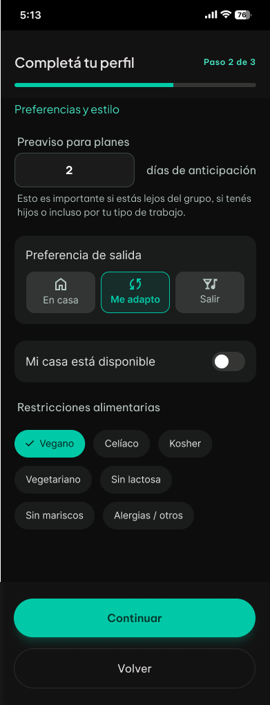 Profile Setup paso 2, preferencias y estilo