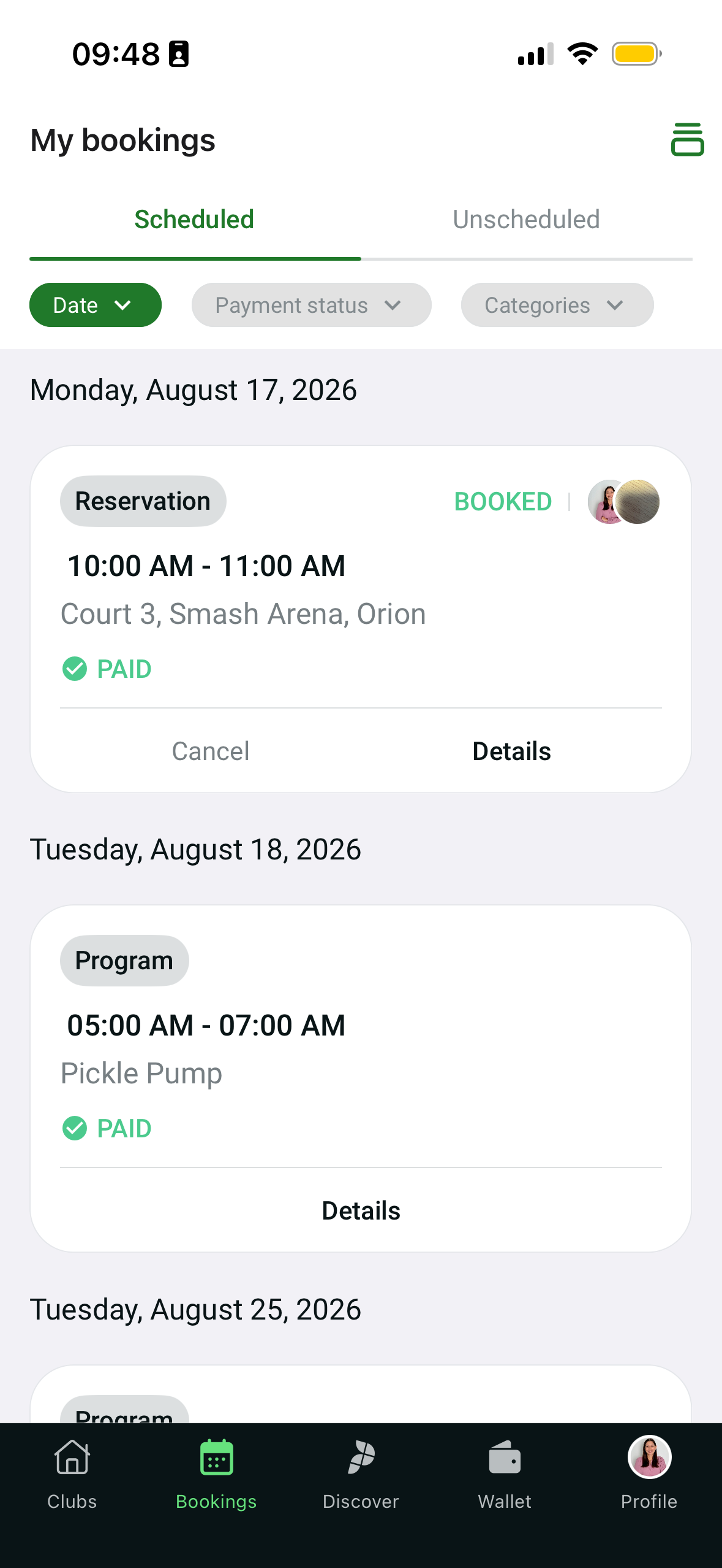 Original mobile My Bookings screen: bookings mixed into one list by date